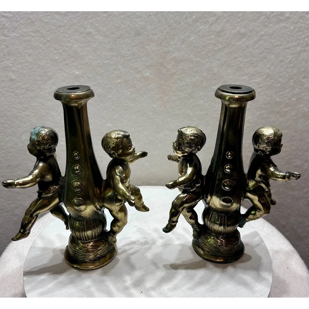 Vintage Cherub Brass Tone Candle Holder Pair Ornate Putti Neoclassical Decor Set